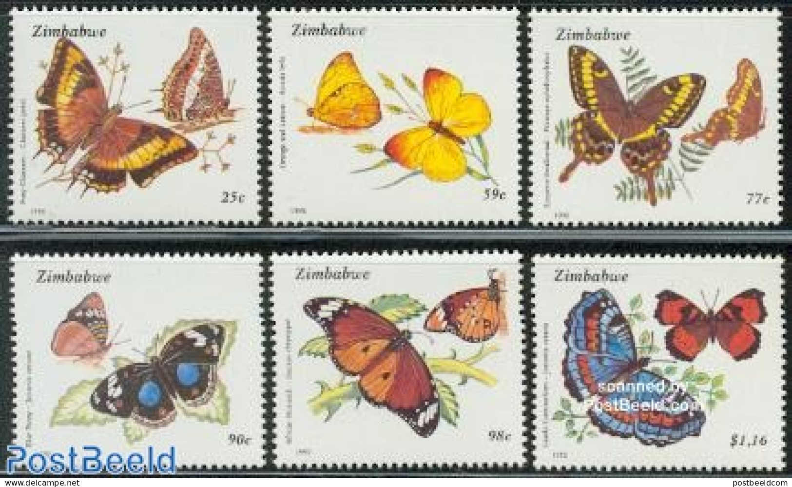 Zimbabwe 1992 Butterflies 6v, Mint NH, Nature - Butterflies - Zimbabwe (1980-...)