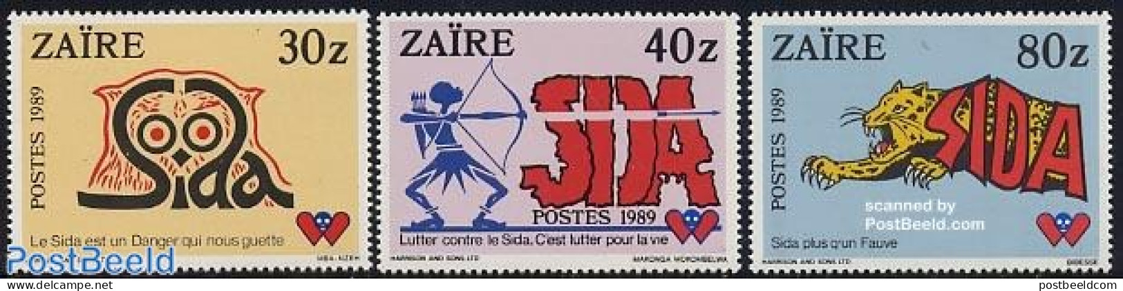 Congo Dem. Republic, (zaire) 1990 Anti Aids 3v, Mint NH, Health - Nature - Sport - AIDS - Health - Cat Family - Shooti.. - Maladies