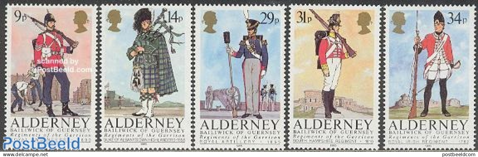 Alderney 1985 Uniforms 5v, Mint NH, History - Performance Art - Various - Militarism - Music - Uniforms - Militares