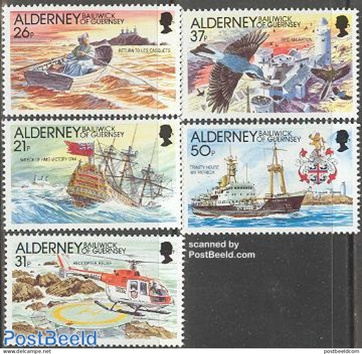 Alderney 1991 Lighthouse Automation 5v, Mint NH, History - Nature - Transport - Various - Coat Of Arms - Birds - Helic.. - Helikopters