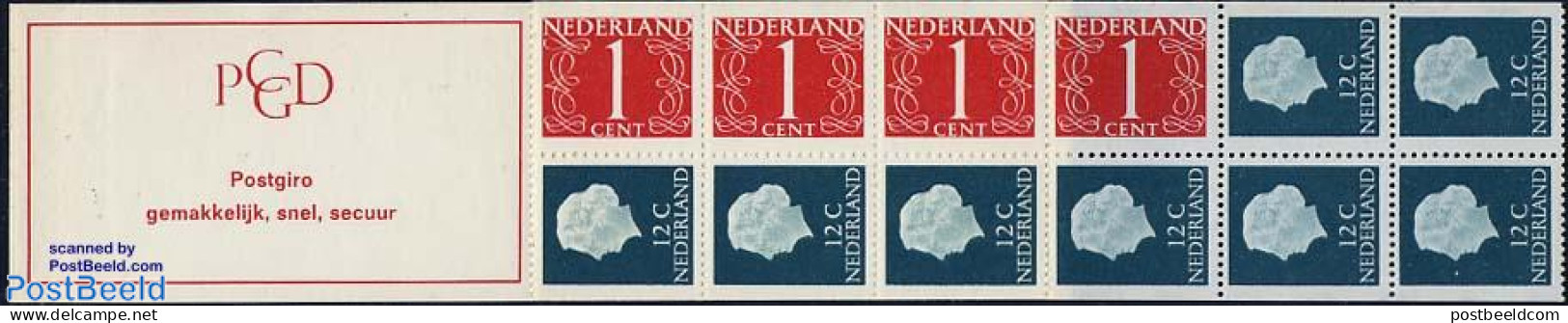 Netherlands 1969 4x1,8x12c Booklet, Normal Paper, Text: Postgiro, G, Mint NH, Stamp Booklets - Ongebruikt