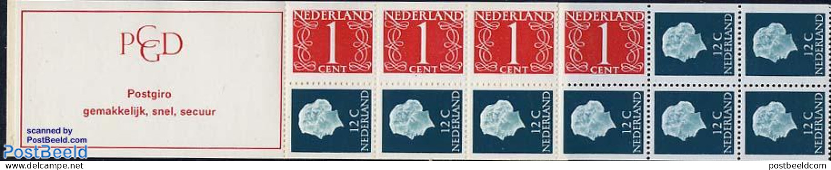 Netherlands 1969 4x1,8x12c Booklet, Phosphor, Text: Postgiro, Gemak, Mint NH, Stamp Booklets - Nuevos