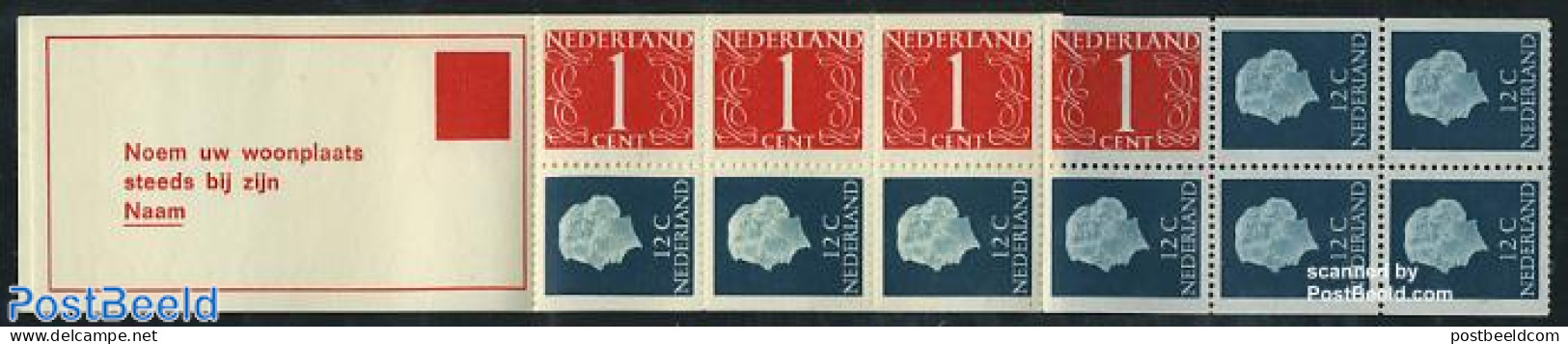 Netherlands 1970 4x1,8x12c Booklet, Normal Paper, Text: Noem Uw Woo, Mint NH, Stamp Booklets - Ongebruikt