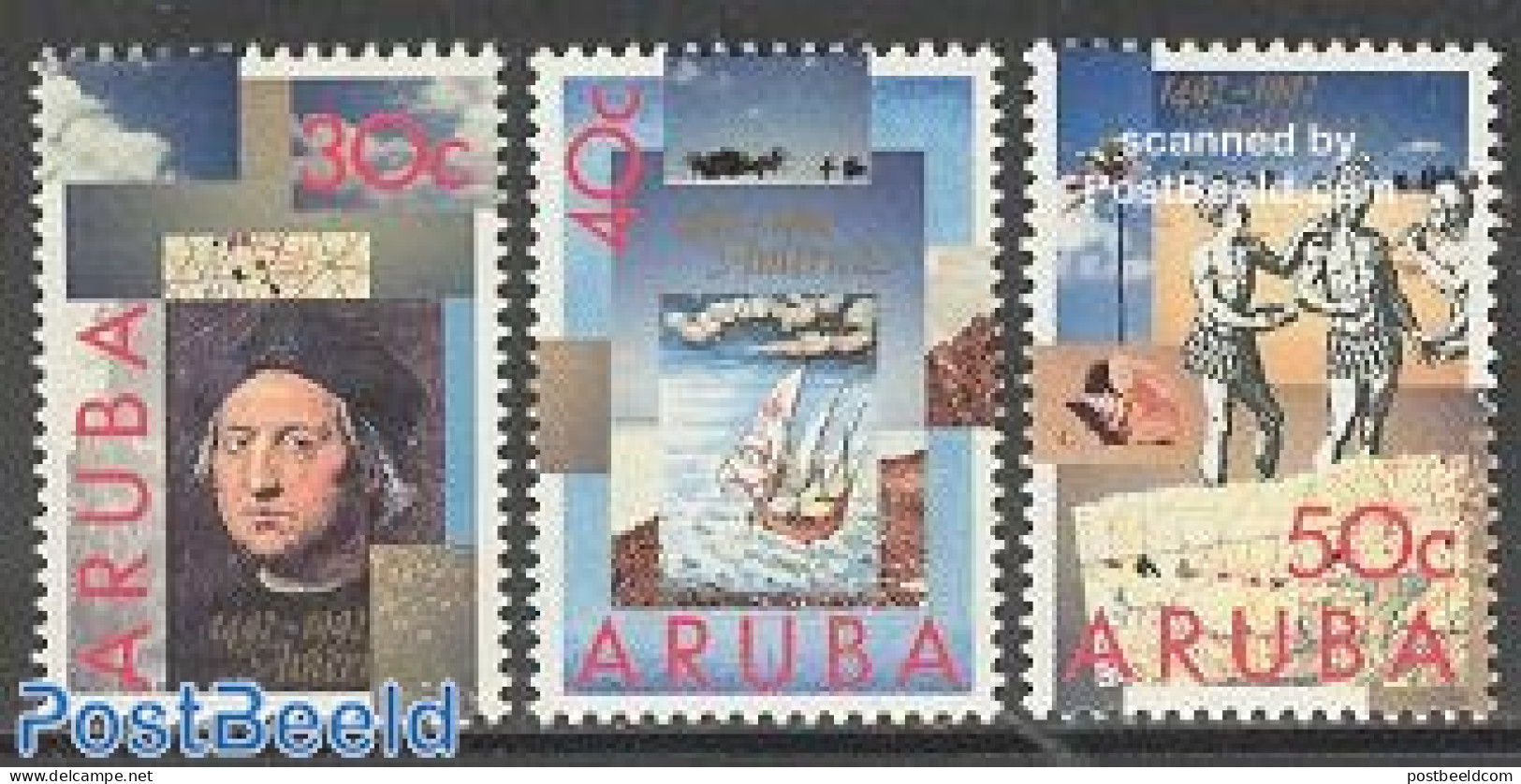 Aruba 1992 Discovery Of America 3v, Mint NH, History - Nature - Transport - Explorers - Shells & Crustaceans - Ships A.. - Explorers