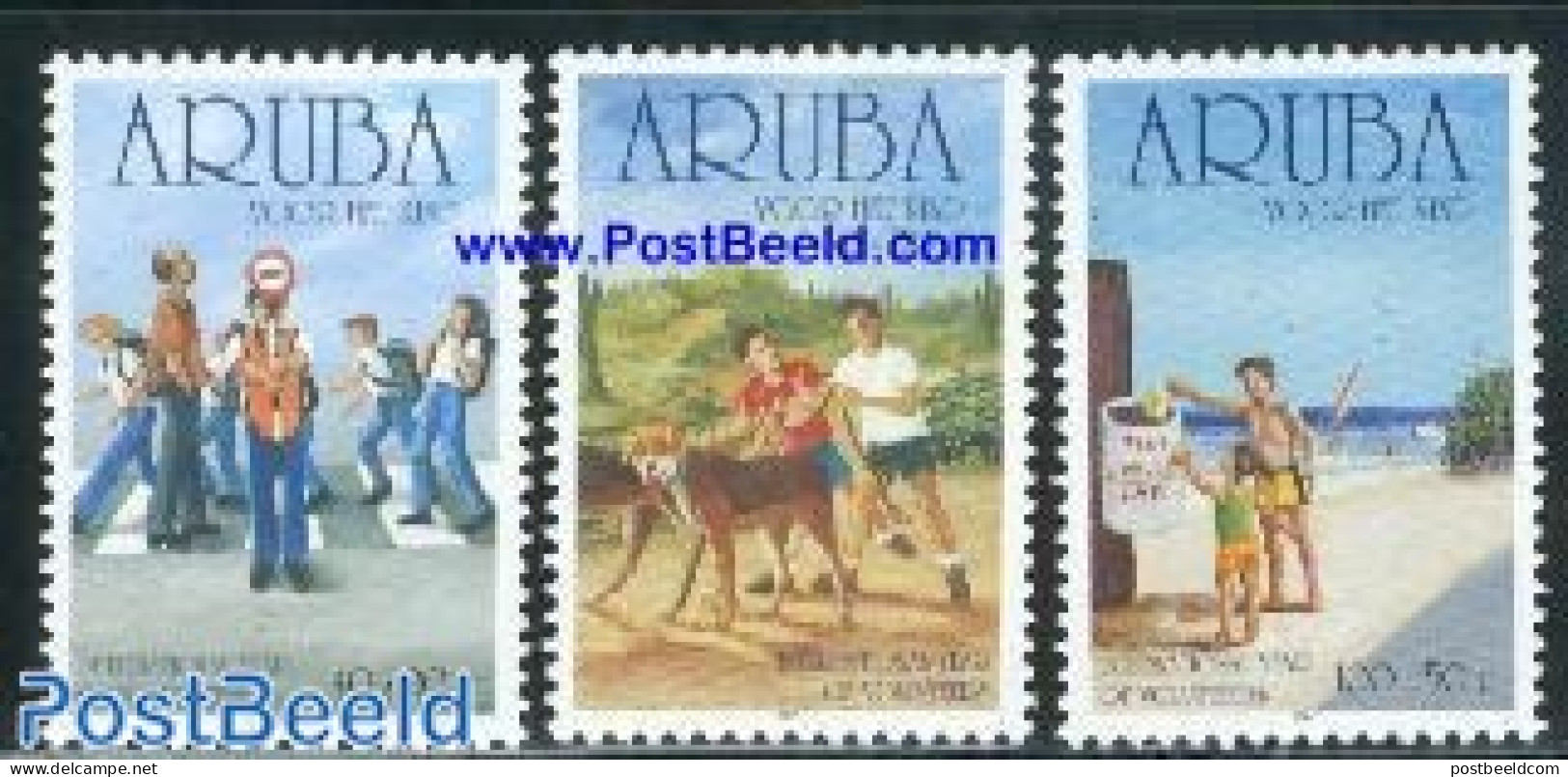 Aruba 2001 Child Welfare 3v, Mint NH, Nature - Transport - Dogs - Environment - Traffic Safety - Protezione Dell'Ambiente & Clima