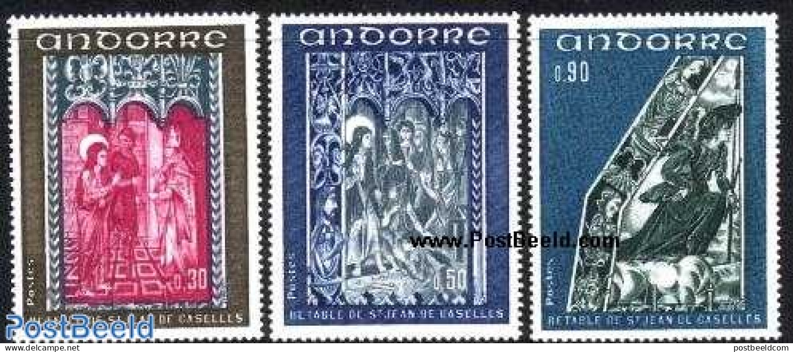 Andorra, French Post 1972 Frescos 3v, Mint NH, Religion - Religion - Art - Paintings - Unused Stamps