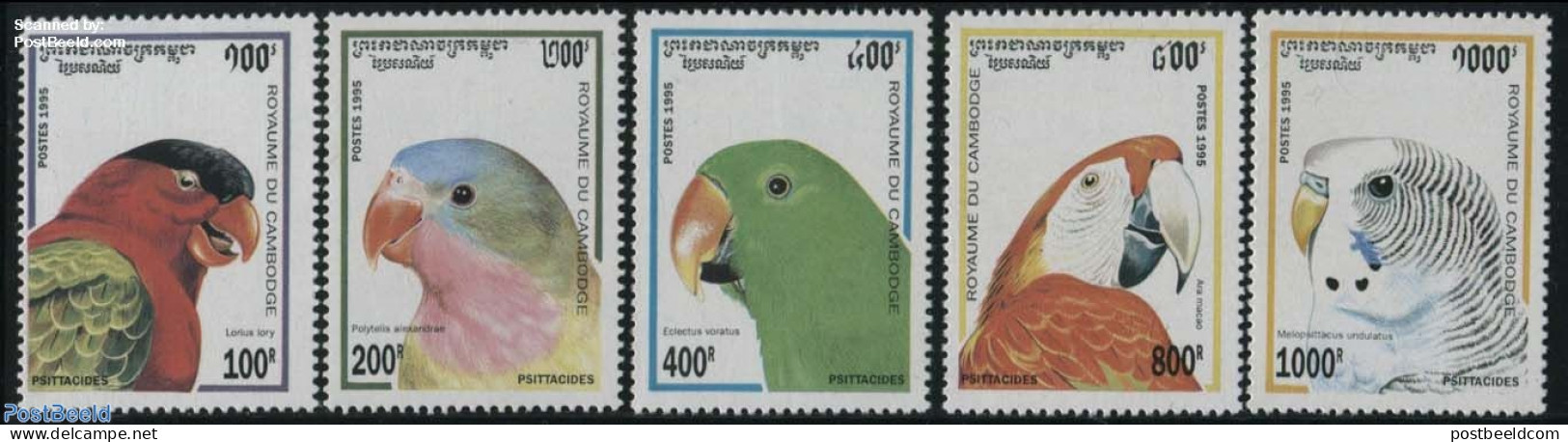 Cambodia 1995 Parrots 5v, Mint NH, Nature - Birds - Parrots - Cambodge