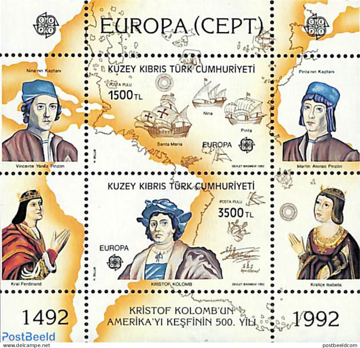 Turkish Cyprus 1992 Europa, Columbus S/s, Mint NH, History - Transport - Various - Europa (cept) - Explorers - Ships A.. - Esploratori