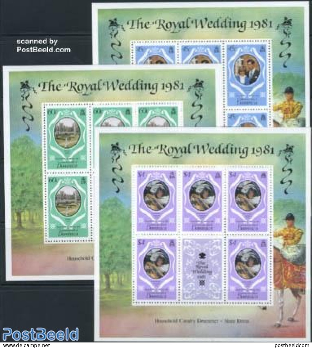 Dominica 1981 Charles & Diana Wedding 3 M/ss, Mint NH, History - Charles & Diana - Kings & Queens (Royalty) - Koniklijke Families