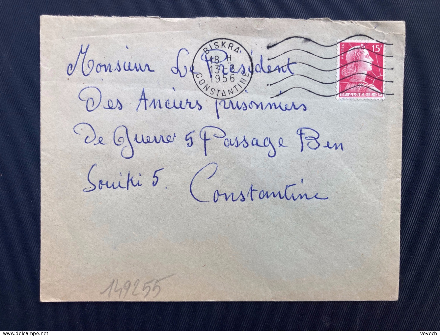 LETTRE TP M DE MULLER ALGERIE 15F OBL.MEC.13-3 1956 BISKRA CONSTANTINE Pour La FRANCE - 1955-1961 Marianne Van Muller