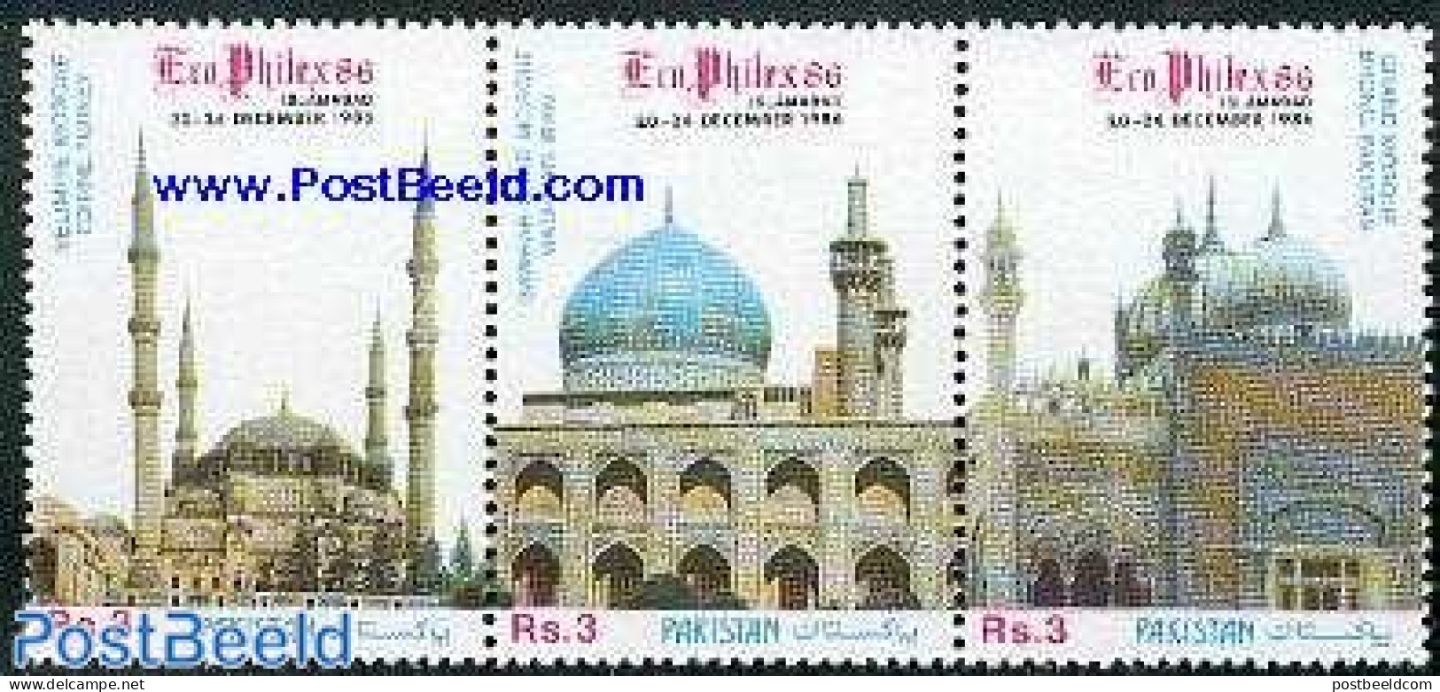 Pakistan 1986 Ecophilex 3v [::], Mint NH, Religion - Churches, Temples, Mosques, Synagogues - Philately - Eglises Et Cathédrales