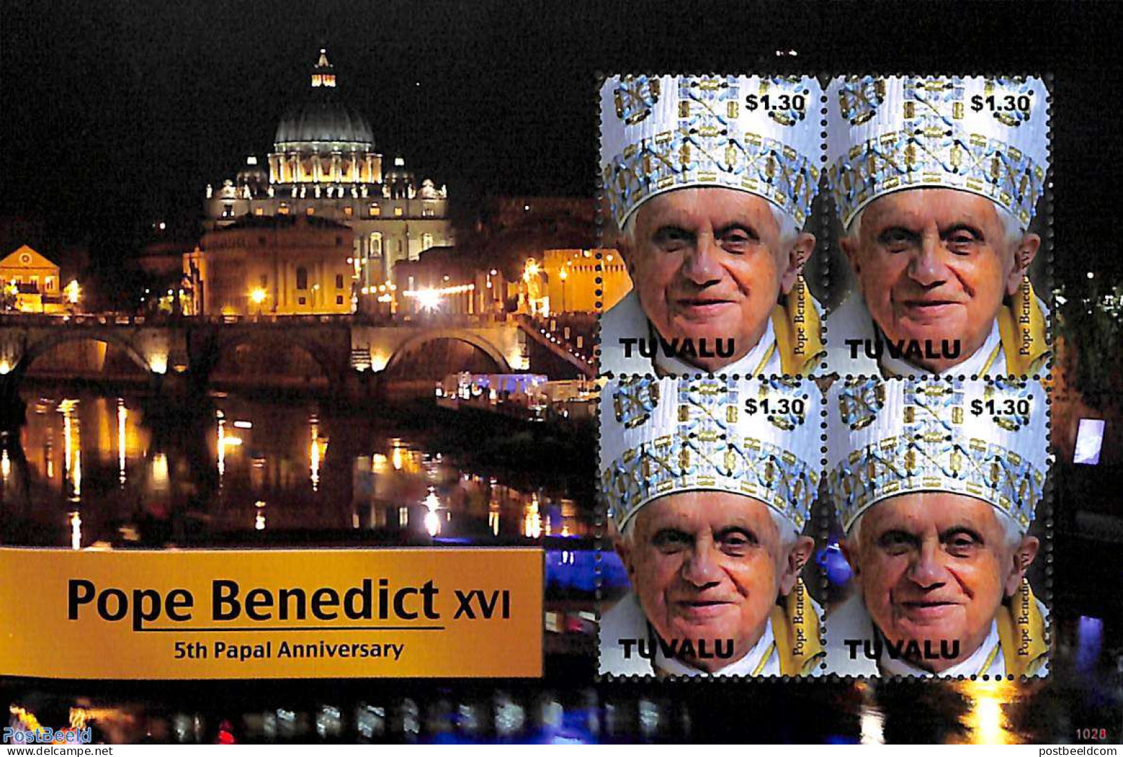 Tuvalu 2010 Pope Benedict XVI M/s, Mint NH, Religion - Pope - Religion - Popes