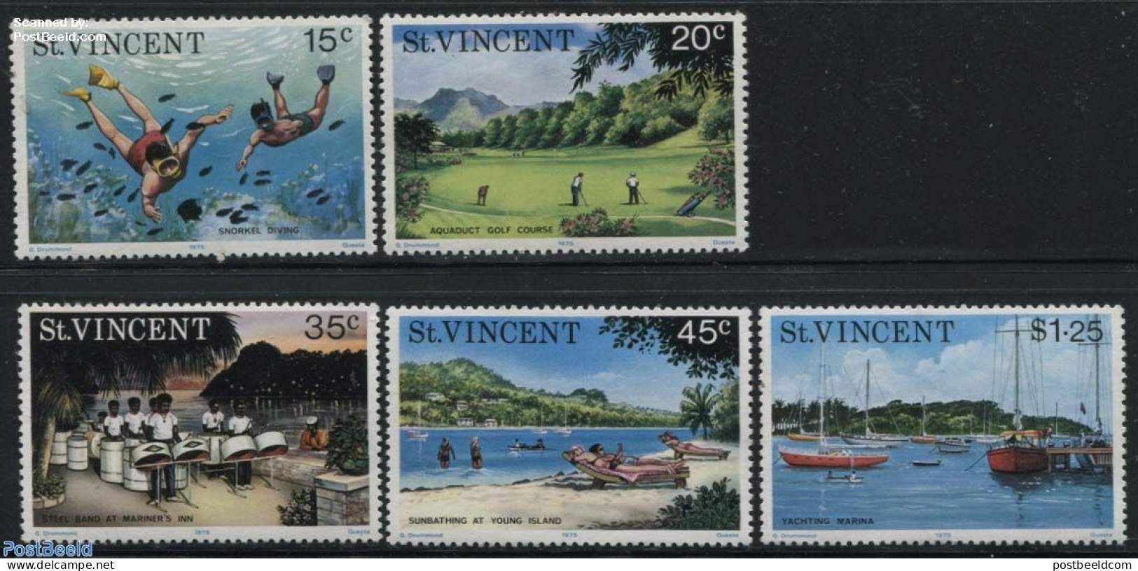 Saint Vincent 1975 Tourism 5v, Mint NH, Performance Art - Sport - Transport - Various - Music - Diving - Golf - Ships .. - Musique