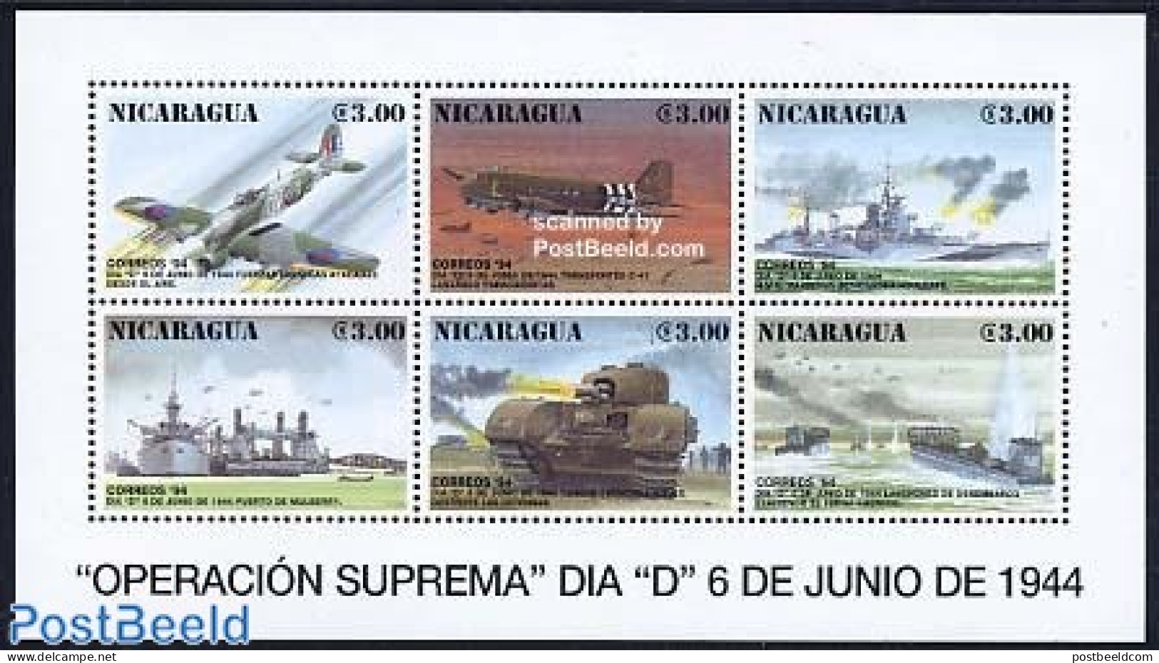 Nicaragua 1994 D-Day 6v M/s, Mint NH, History - Transport - World War II - Aircraft & Aviation - Ships And Boats - Guerre Mondiale (Seconde)