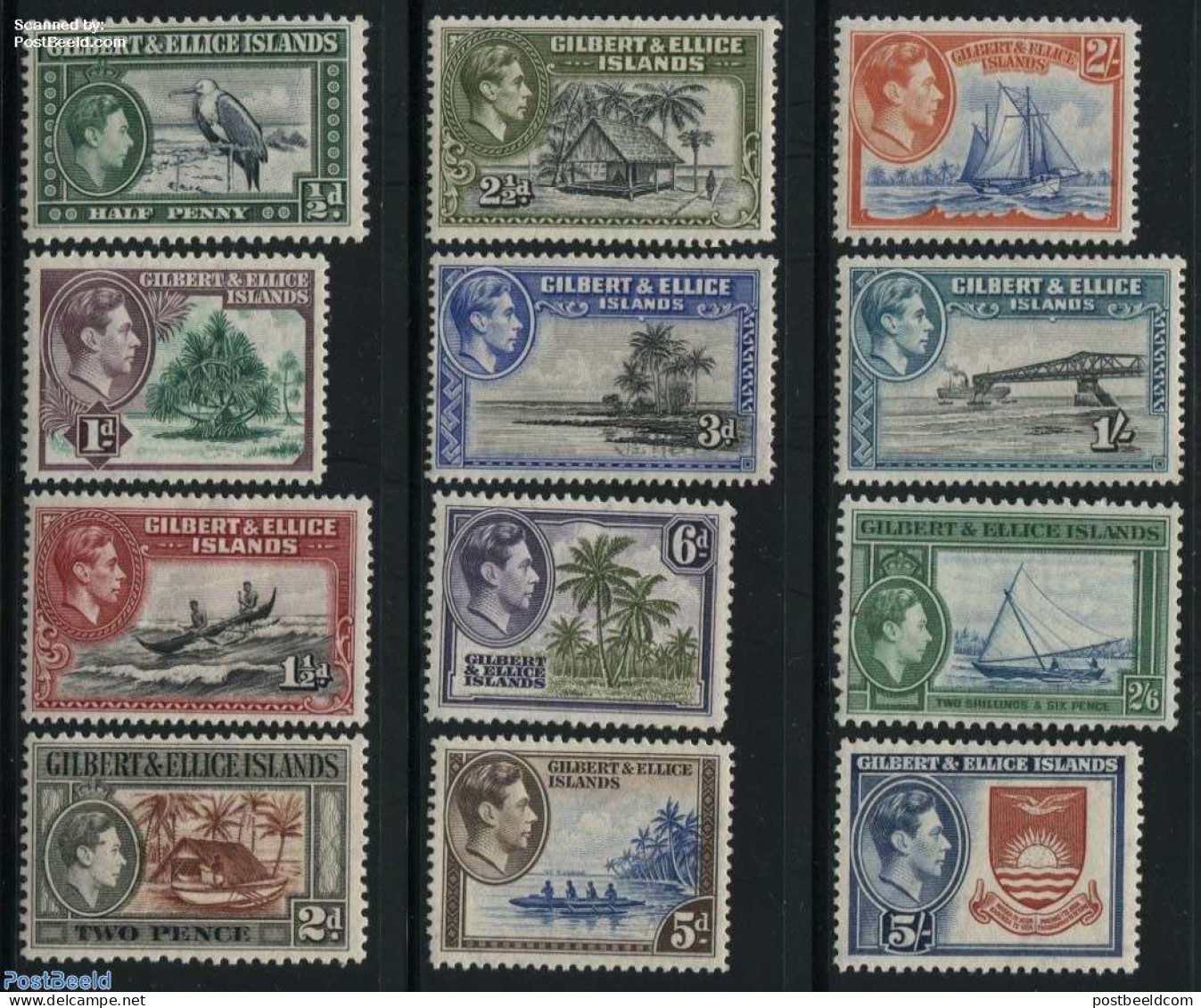 Gilbert And Ellice Islands 1939 Definitives 12v, Unused (hinged), History - Nature - Transport - Coat Of Arms - Birds .. - Ships