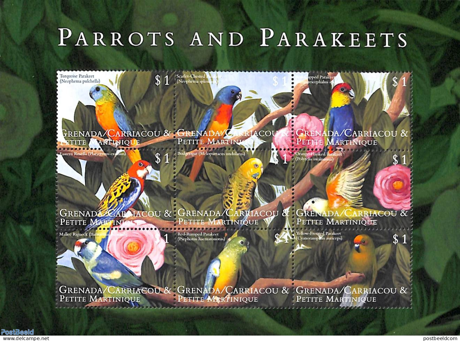Grenada Grenadines 2000 Parrot & Parakeets 9v M/s, Turquoise Parakeet, Mint NH, Nature - Birds - Parrots - Grenade (1974-...)