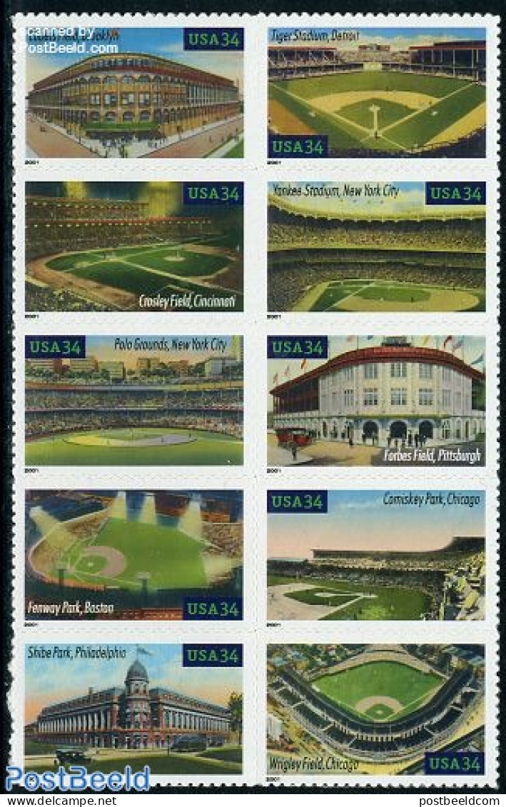 United States Of America 2001 Baseball Playing Fields 10v S-a, Mint NH, Sport - Transport - Baseball - Automobiles - Neufs