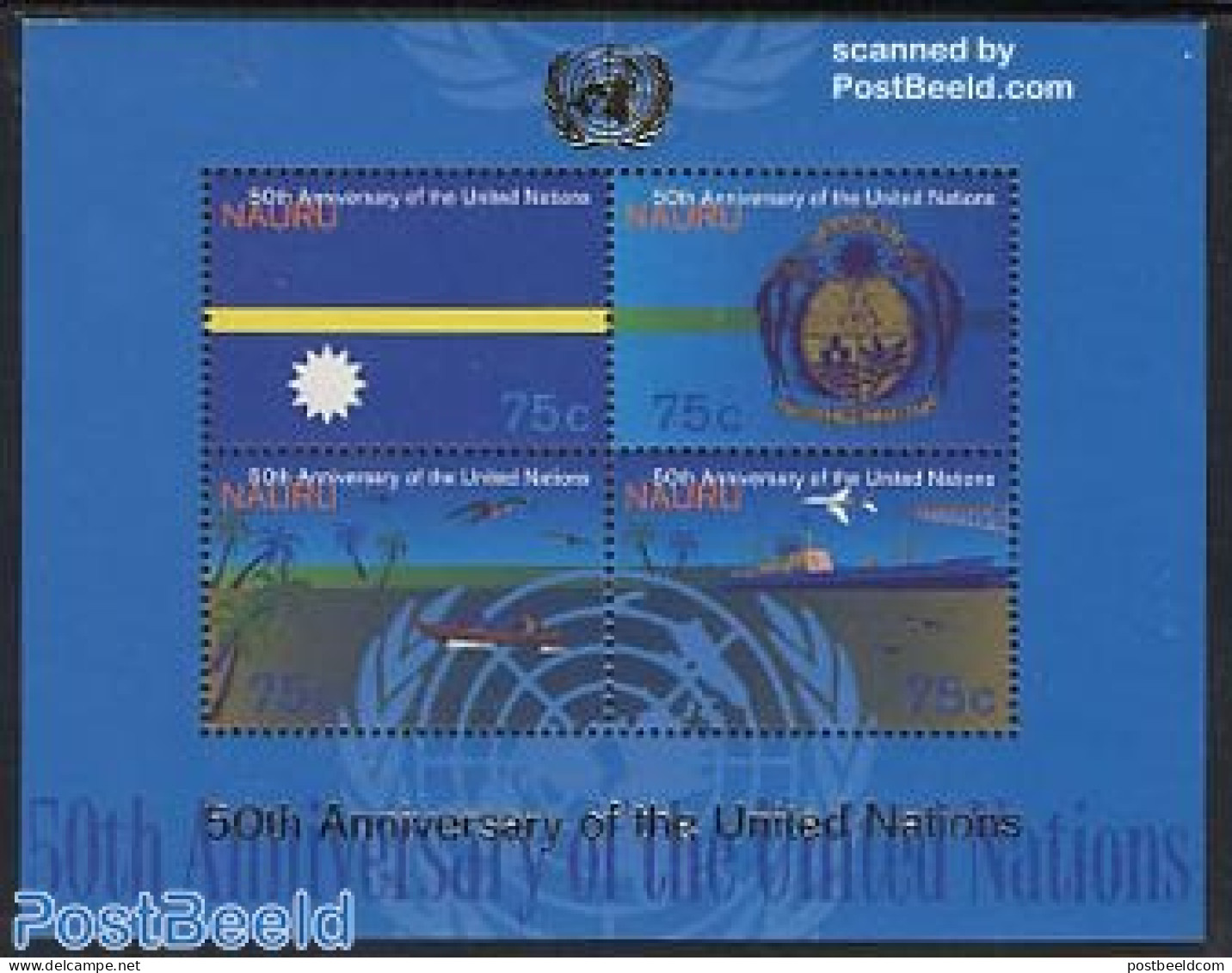 Nauru 1995 50 Years UNO S/s, Mint NH, History - Nature - Transport - Coat Of Arms - Flags - United Nations - Birds - A.. - Avions