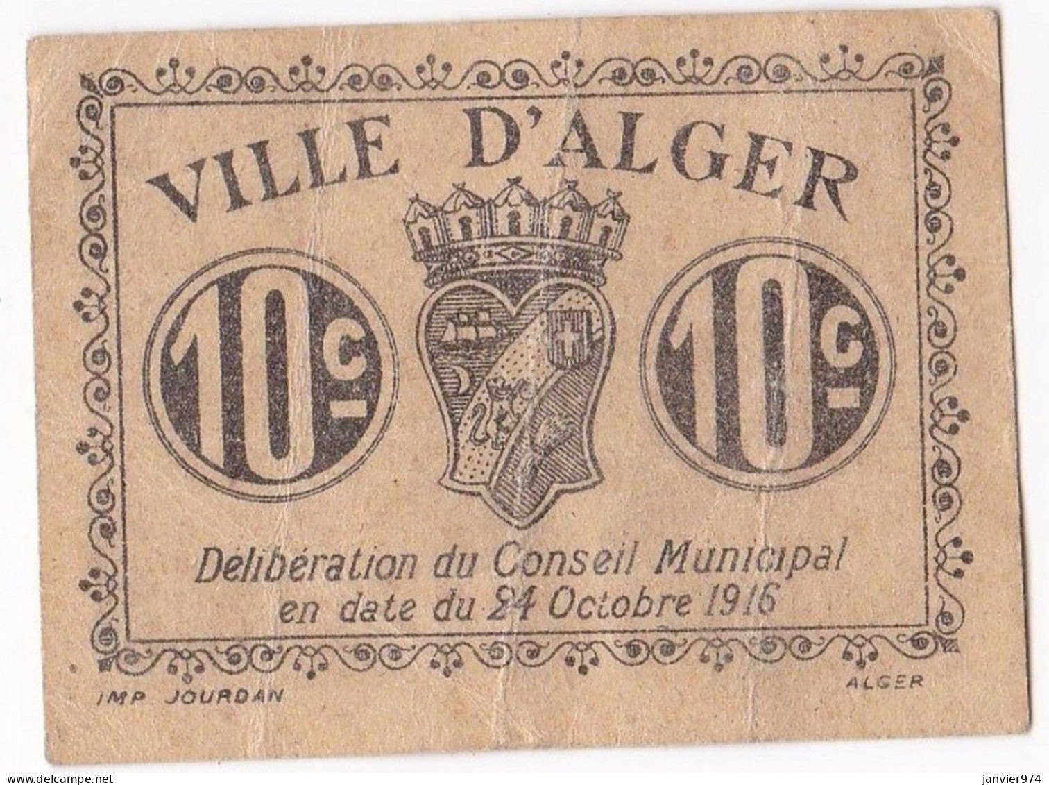 Billet De Nécessité Ville D’Alger Algerie. 10 Centimes 1916, Billet Colonial Circulé - Algérie
