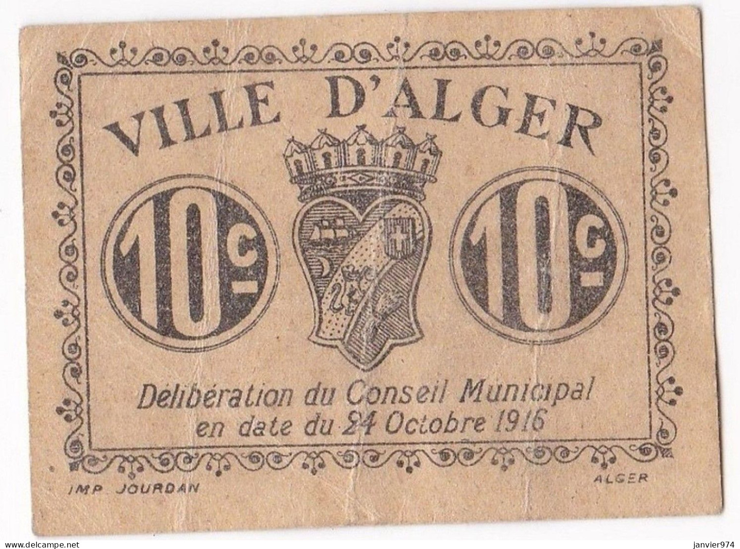 Billet De Nécessité Ville D’Alger Algerie. 10 Centimes 1916, Billet Colonial Circulé - Algerije