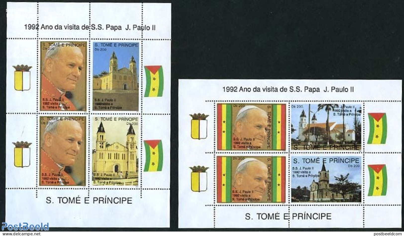 Sao Tome/Principe 1992 Popes Visit 2 S/s, Mint NH, Religion - Churches, Temples, Mosques, Synagogues - Pope - Religion - Eglises Et Cathédrales