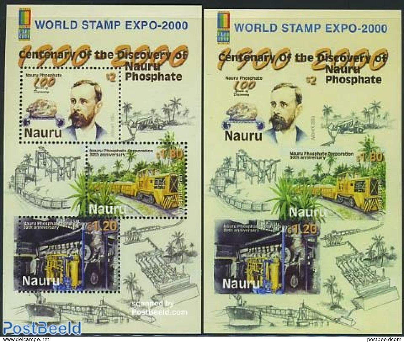 Nauru 2000 World Stamp Expo 2 S/s, Mint NH, Science - Transport - Mining - Philately - Railways - Trains