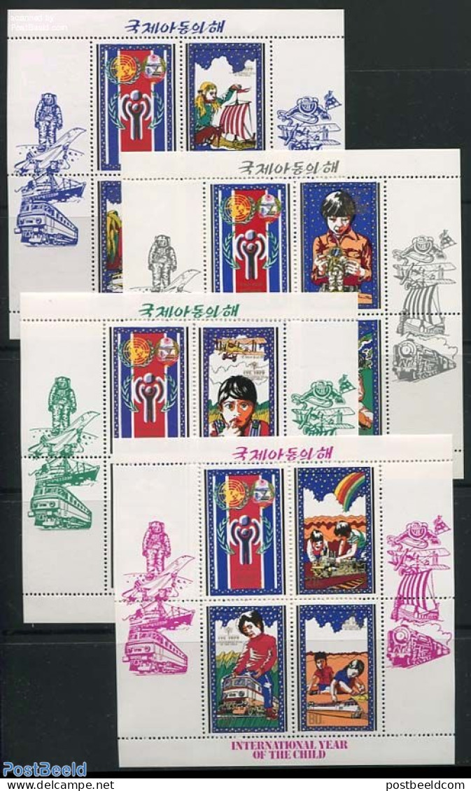Korea, North 1979 Int. Year Of The Child 4 M/s, Mint NH, Transport - Various - Aircraft & Aviation - Railways - Ships .. - Avions