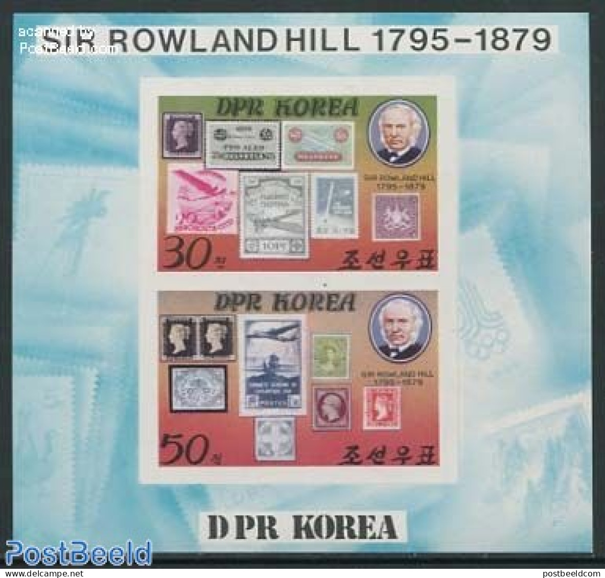 Korea, North 1980 Sir Rowland Hill 2v M/s Imperforated, Mint NH, Transport - Sir Rowland Hill - Stamps On Stamps - Air.. - Rowland Hill