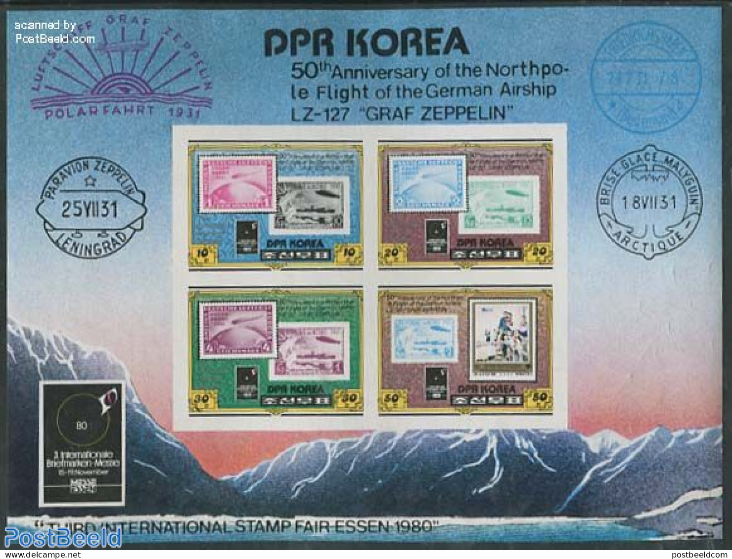Korea, North 1980 Stamp Fair Essen 4v M/s Imperforated, Mint NH, Transport - Stamps On Stamps - Zeppelins - Timbres Sur Timbres