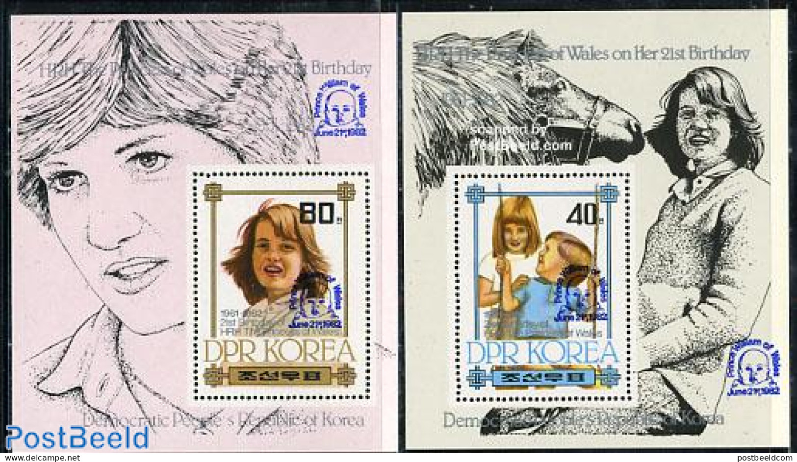 Korea, North 1982 Birth Of Prince William 2 S/s (blue Overprints), Mint NH, History - Nature - Charles & Diana - Kings.. - Familles Royales