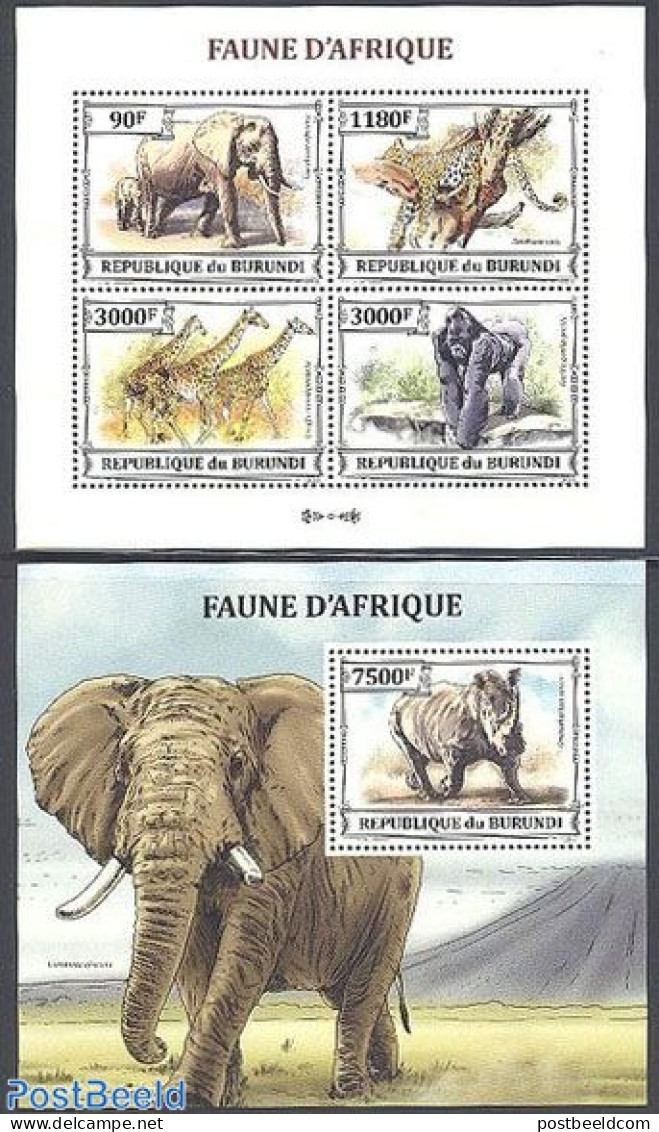 Burundi 2013 African Fauna 2 S/s, Mint NH, Nature - Animals (others & Mixed) - Cat Family - Elephants - Giraffe - Monk.. - Sonstige & Ohne Zuordnung