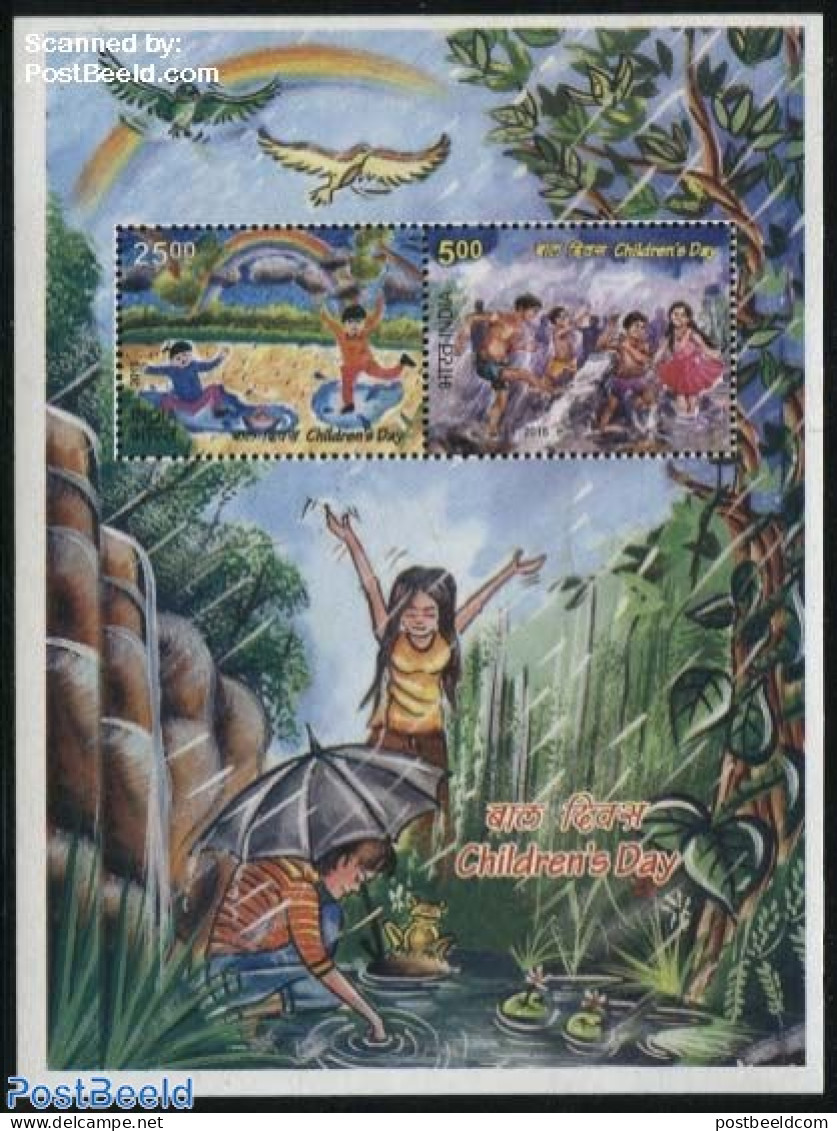 India 2015 Childrens Day S/s, Mint NH, Nature - Birds - Frogs & Toads - Art - Children Drawings - Unused Stamps