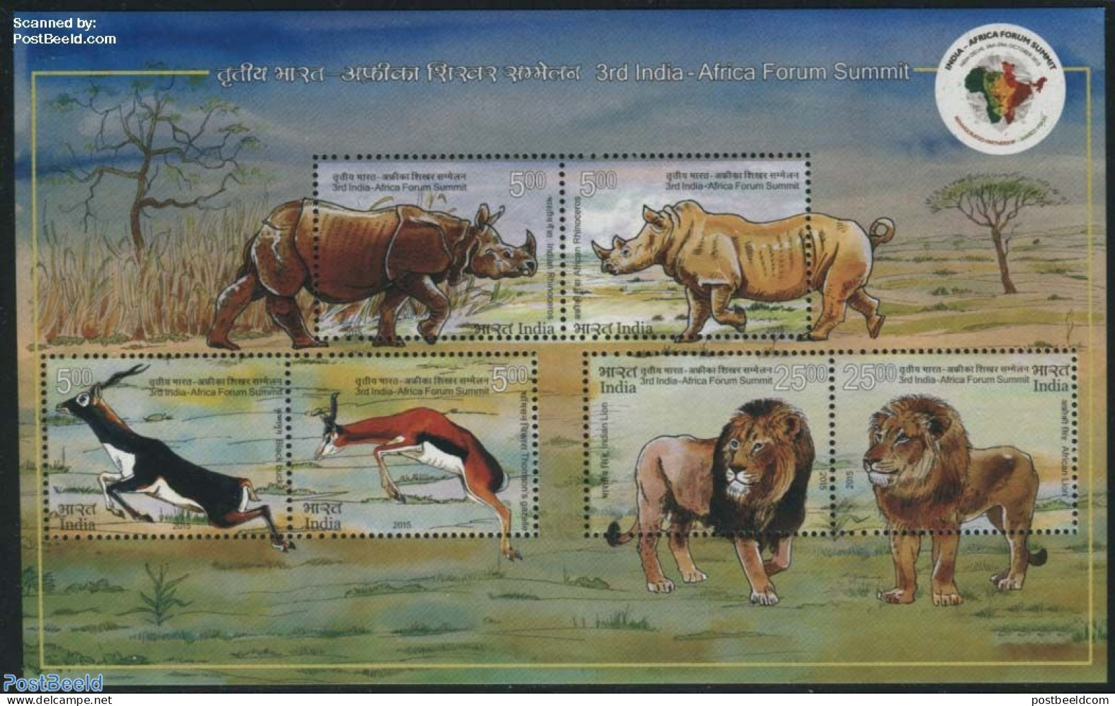 India 2015 India-Africa Forum Summit S/s, Mint NH, Nature - Animals (others & Mixed) - Cat Family - Rhinoceros - Ongebruikt