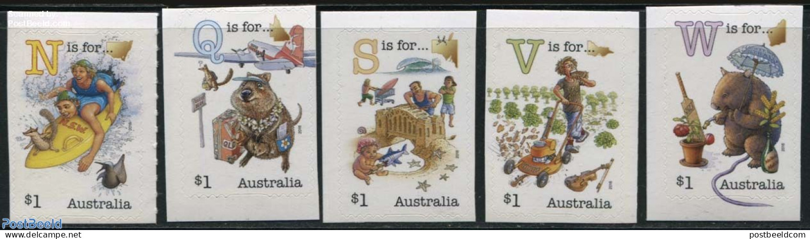 Australia 2016 Aussie Alphabet NQSVW 5v S-a, Mint NH, Health - Nature - Performance Art - Transport - Various - Food &.. - Nuevos