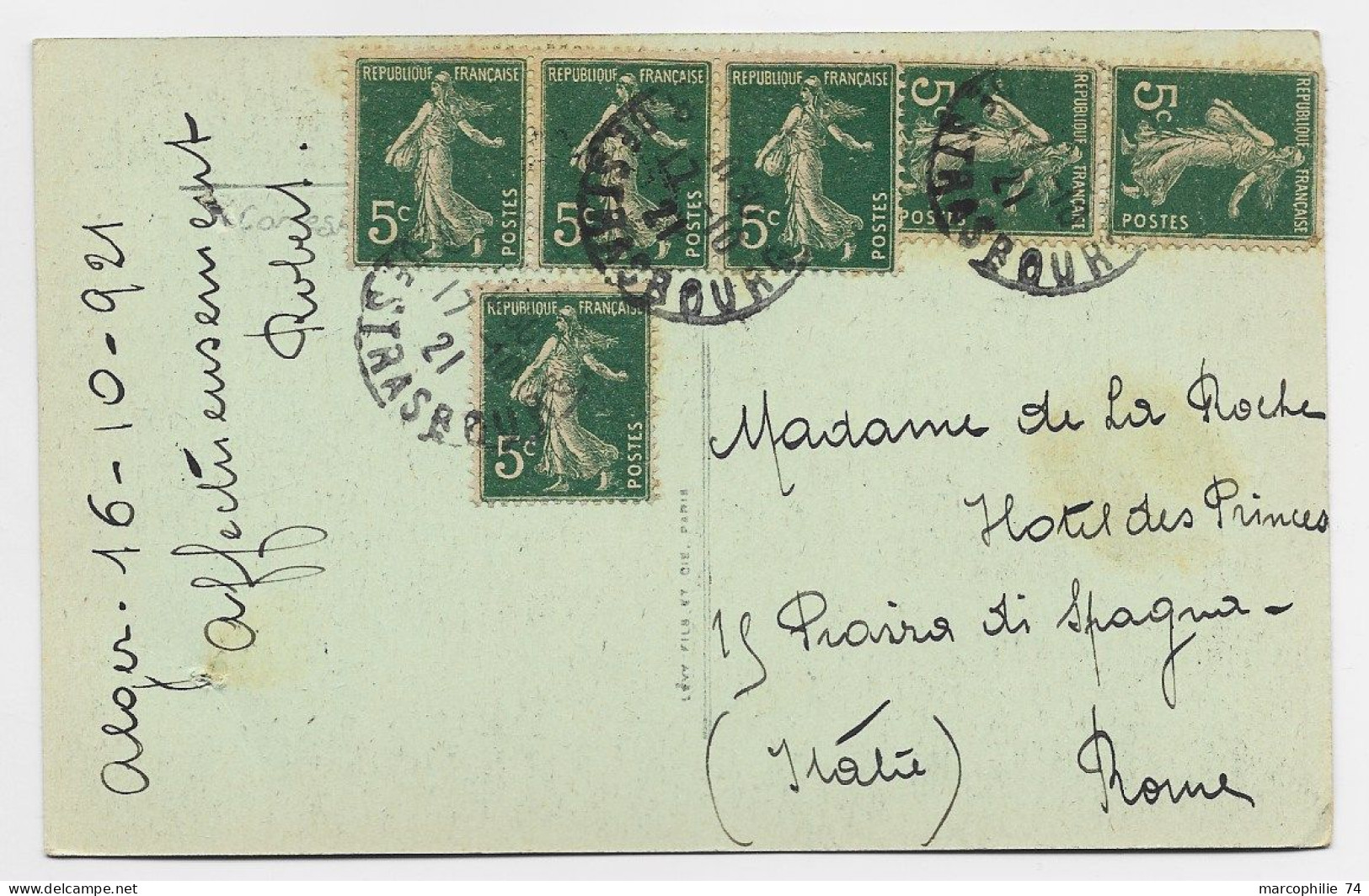 SEMEUSE 5C GC X6 CARTE PARIS R STRASBOURG 17.10.1921 POUR ROMA AU TARIF - 1906-38 Sower - Cameo