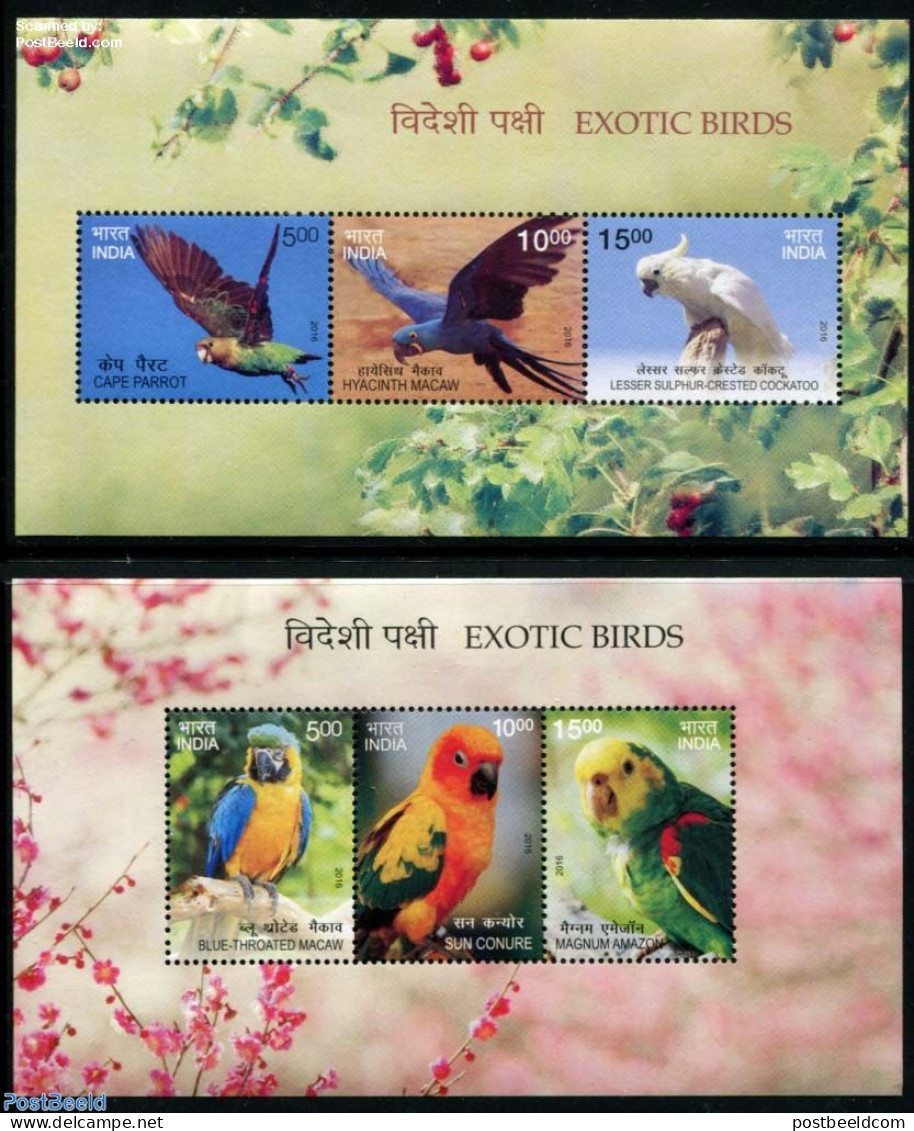 India 2016 Exotic Birds 2 S/s, Mint NH, Nature - Birds - Parrots - Unused Stamps