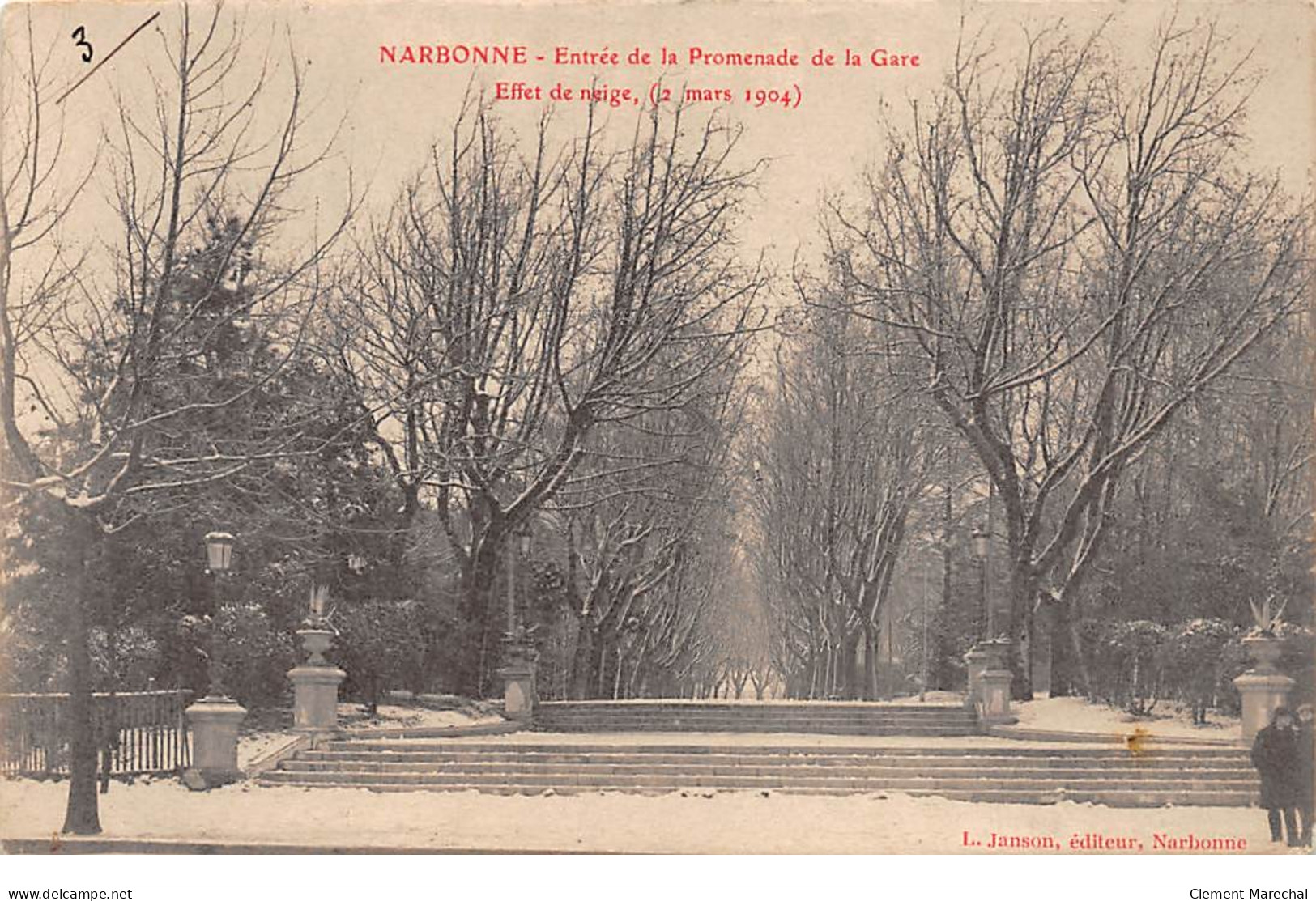 NARBONNE - Entrée De La Promenade De La Gare - Effet De Neige ( 2 Mars 1904 ) - Très Bon état - Narbonne
