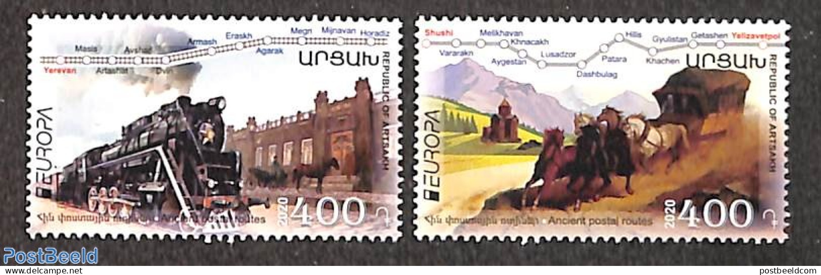 Nagorno-Karabakh 2020 Europa, Old Postal Roads 2v, Mint NH, History - Nature - Transport - Europa (cept) - Horses - Po.. - Poste