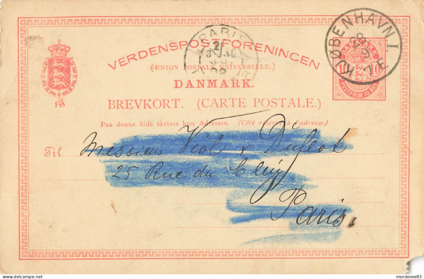 DANMARK BREVKORT ENTIER POSTAL 10 KJOBENHAVN 28/9/1892 POUR PARIS - Entiers Postaux