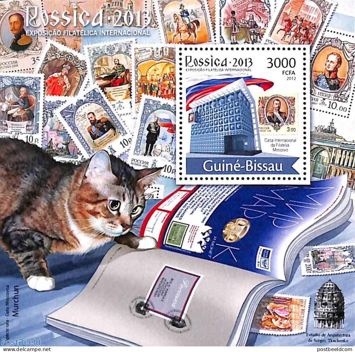 Guinea Bissau 2012 Rossica 2013 S/s, Mint NH, Nature - Cats - Philately - Stamps On Stamps - Postzegels Op Postzegels