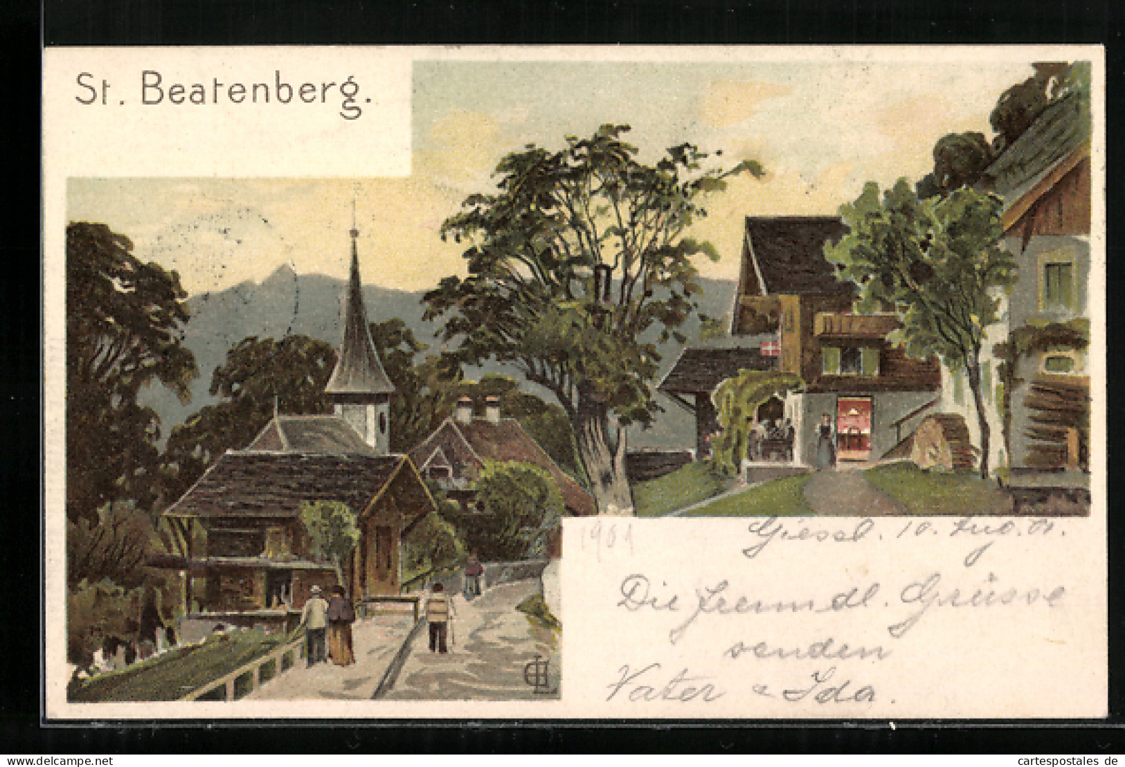 Lithographie St. Beatenberg, Strassenpartie Im Dorf  - Beatenberg