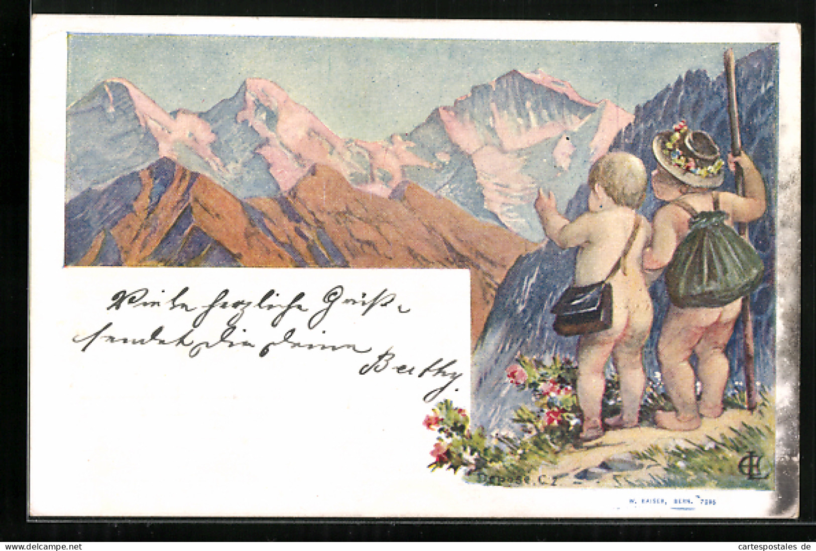 Künstler-Lithographie Kleine Nackte Bergsteiger  - Alpinismus, Bergsteigen