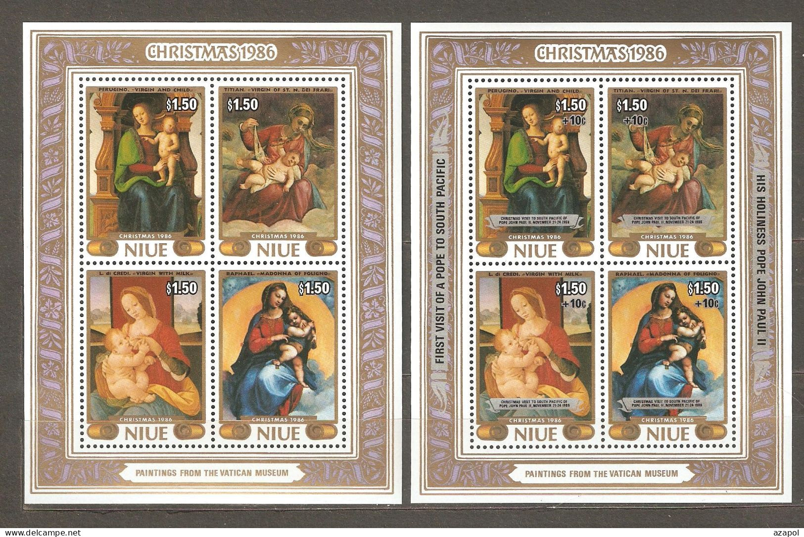 Niue: Mint Block And With Surtax &Overprint, Christmas - Paintings By Italian Artists, 1986, Mi#Bl-105,107, MNH - Niue