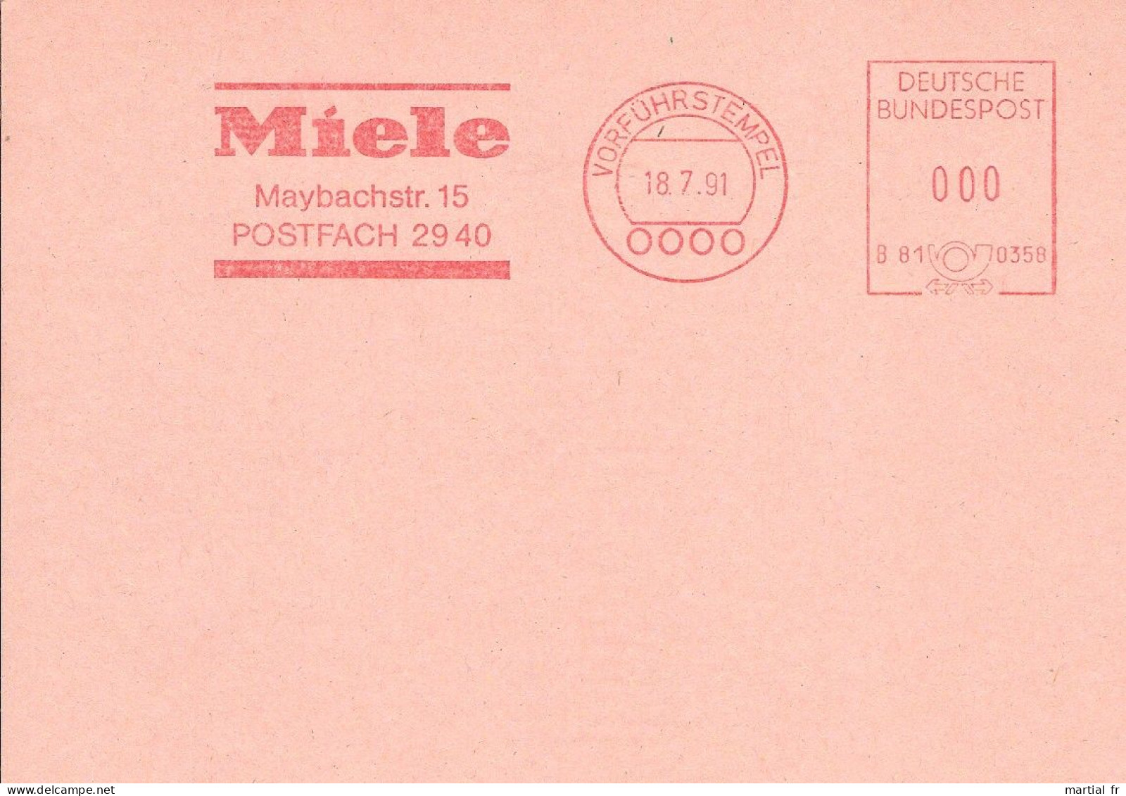 EMA Specimen ALLEMAGNE DEUTSCHLAND BUND GERMANY VORFUHRSTEMPEL HAUSGERATE Electromenager MIELE MAYBACH - Autres & Non Classés