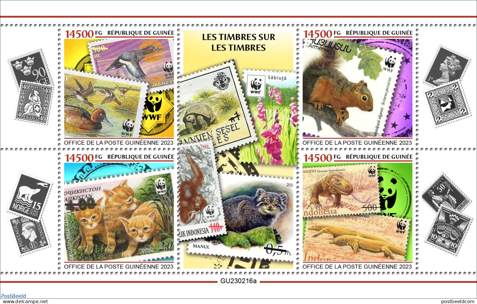 Guinea, Republic 2023 Stamps On Stamps, Mint NH, Nature - Cats - Ducks - Flowers & Plants - Monkeys - Reptiles - Turtl.. - Autres & Non Classés