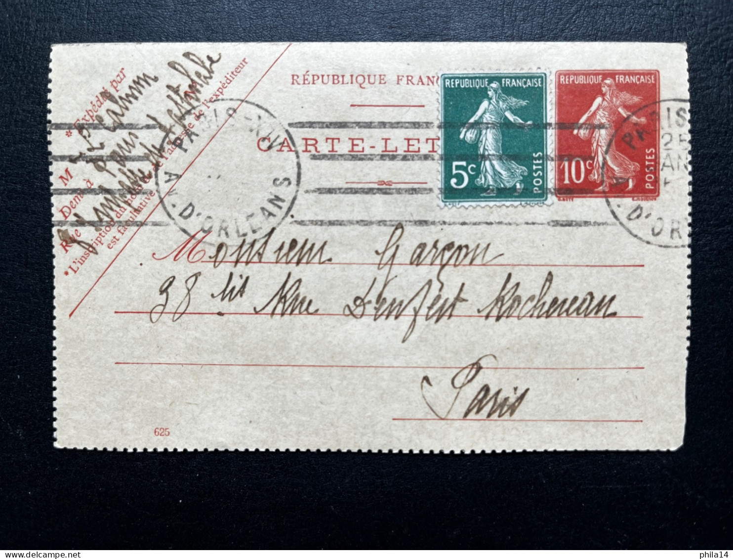 10c ENTIER CARTE LETTRE & 5c SEMEUSE / PARIS AV D'ORLEANS POUR PARIS / NON DATE - Kaartbrieven