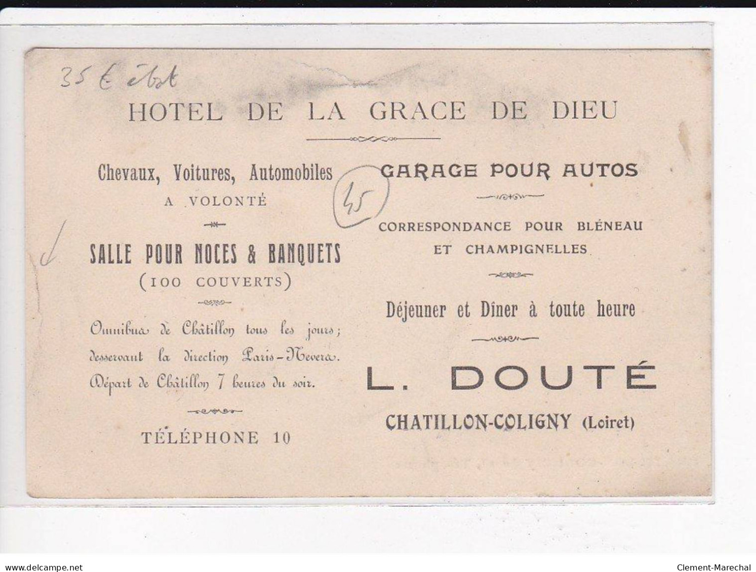 CHATILLON-COLIGNY : Téléphone, Hôtel De La Grace De Dieu, L.DOUTE - état - Chatillon Coligny