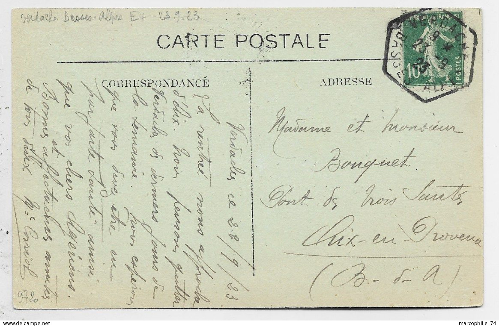 SEMEUSE 10C VERT CARTE BARLES C. HEX VERDACHE 23.9.23 BASSES ALPES - 1921-1960: Modern Tijdperk