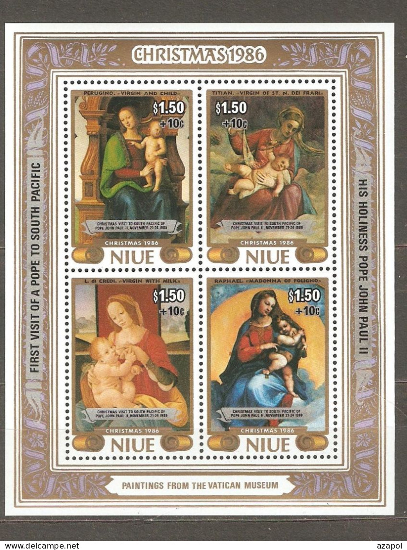 Niue: Mint Block With Surtax &Overprint, Christmas - Paintings By Italian Artists, 1986, Mi#Bl-107, MNH - Niue