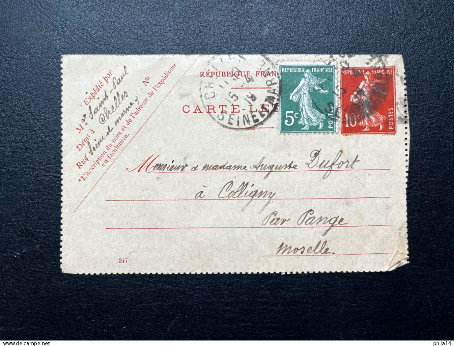 10c ENTIER CARTE LETTRE & 5c SEMEUSE / CHELLES POUR COLLIGNY / 1919 - Kartenbriefe